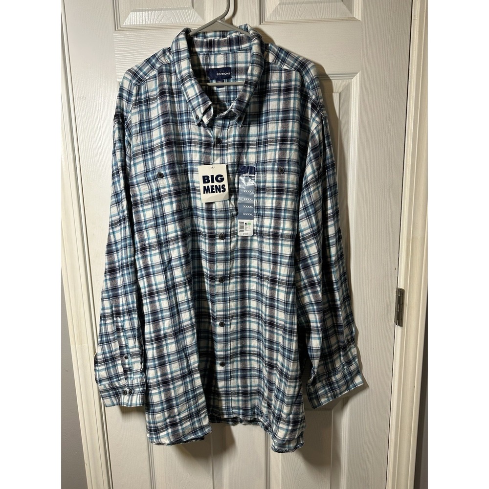 Basic Editions Men's 4XL Blue Plaid Button Up Long Sleeve Shirt New With Tags